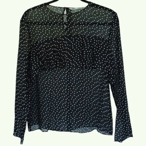 Whimsigoth Dark Academia Zara Sheer Polka Dot Blouse XS Black White Keyhole Back